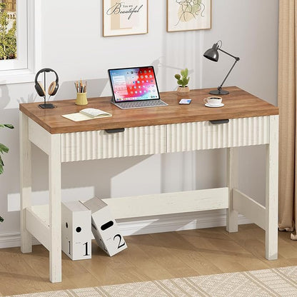 YOMILUVE Fluted Computer Desk with 2 Drawers, 39 Inch Small Computer Desk with Storage, Compact Writing Study Vanity Desk for Small Spaces, Antique White