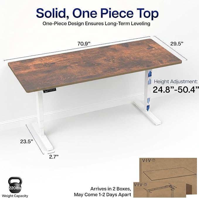 VIVO Electric 71 x 30 in Standing Desk, Touch Screen Adjustment, 220 lb Frame Support, 2E Series, Vintage Brown Top, White Frame, DESK-KIT-2EW71N