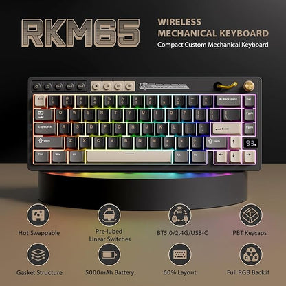 RK ROYAL KLUDGE M65 Wireless Gaming Keyboard with Volume Knob, 60% Hot Swappable Mechanical Keyboard 2.4G/BT/USB-C, Gasket Mount, Battery Display, PBT Keycaps, Hot-Swappable Cream Switch, Black