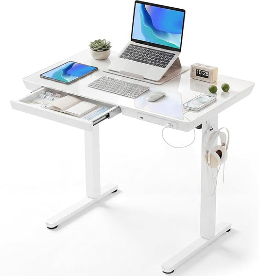 Claiks Small Glass Standing Desk with Drawers & USB Ports, 35 Inch Adjustable Stand Up Desks with Storage, Quick Install One-Piece Computer Desks for Small Space and Home Office, White