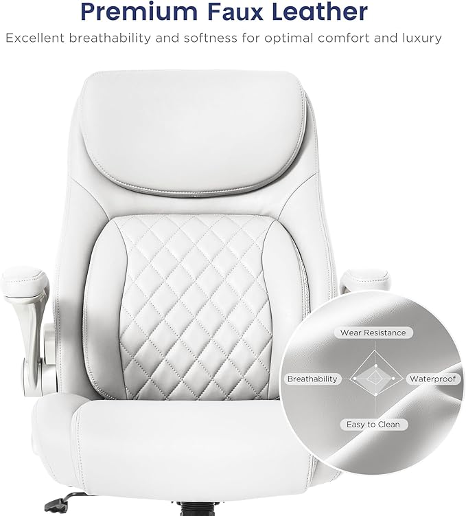 Nouhaus Ergonomic Office Chair Premium Leather Adjustable Lumbar Support & Armrests, High Back Comfy Desk Gaming Chairs Executive Computer Swivel Chair Tilt Function(Posture,White)