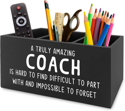Coach Gifts Pen Pencil Holder Organizer for Desk, Best Coach Gift, Thank You Appreciation Gifts for Coaches Women Men Wooden Box Sign for Home Office Workplace Desk Tabletop Decorations