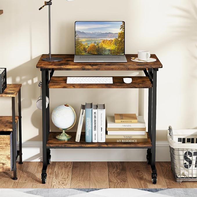 Giantex Rolling Computer Desk, Mobile Portable Desk with Keyboard Tray & Wheels, Laptop PC Table Cart with Shelf & Hooks, Industrial Small Desk for Small Spaces, Home Office, Bedroom, Rustic Brown