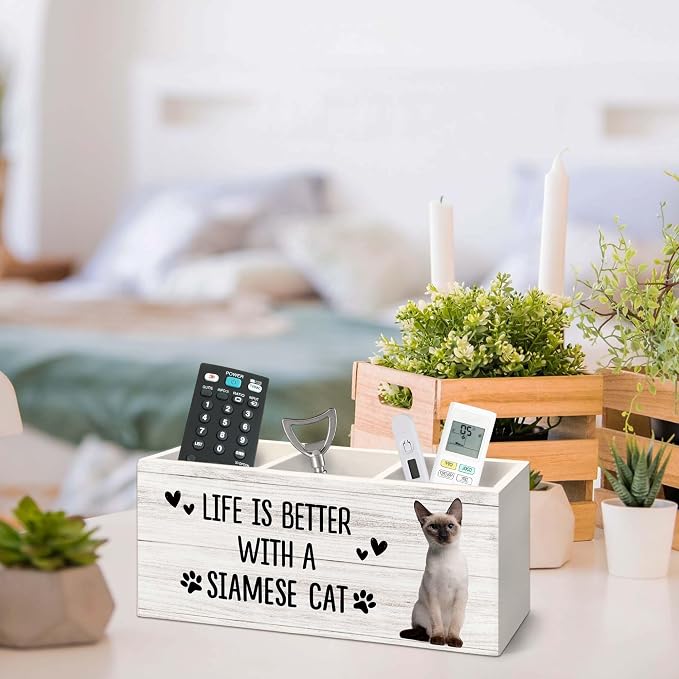 Siamese Cat Gifts Pen Holder for Desk, Gifts for SiameseCat Lovers Owners Pencil Organizer, Life is Better with A Siamese Cat Wood Pen Holder Desk Accessories Decor for Home Office