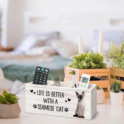 Siamese Cat Gifts Pen Holder for Desk, Gifts for SiameseCat Lovers Owners Pencil Organizer, Life is Better with A Siamese Cat Wood Pen Holder Desk Accessories Decor for Home Office