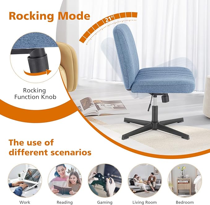 Sweetcrispy Criss Cross Chair Legged, Armless Office Swivel Desk Chairs No Wheels, Vanity Height Adjustable Wide Seat Comfy Cute Computer Task Seating for Home Bedroom,Blue