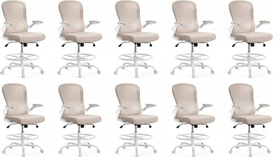 ErGear Drafting Chair,Tall Office Chair with Flip-Up Armrests, High Desk Chair Adjustable Height and Adjustable Footrest Ring, Ergonomic Standing Desk Chair with Lumbar Support, Khaki,10 Pack