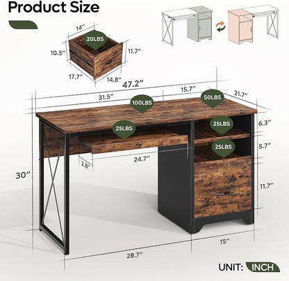 Bestier 47" Computer Desk with Drawers, Home Office Desk with Keyboard Tray, Reversible Industrial Office Desk with Storage Cabinet for Small Space Home Office & Studio, Rustic Brown