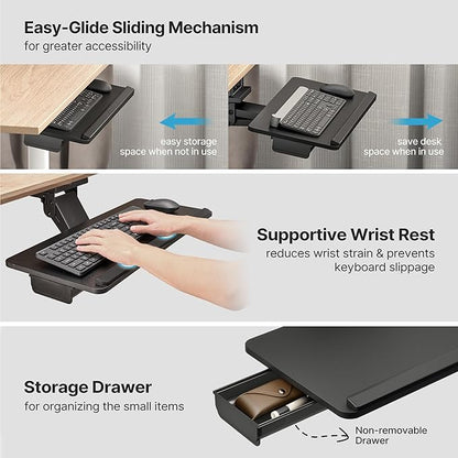 PEGZONE Keyboard Tray Under Desk Slide Out, 25 x 11 inch, Black | with Storage Drawer, Height Adjustable Swivel Tilt, Ergonomic Under Desk Mount Keyboard & Mouse Holder for Gaming Home Office