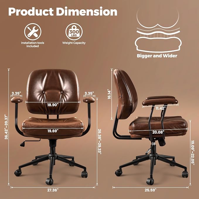 ovios Ergonomic Office Chair, Mid Back Faux Leather Executive Chairs with Thick Cushion, Comfy Mid-Century Modern Swivel Rolling Computer Armchair (Dark Brown, PU Leather)