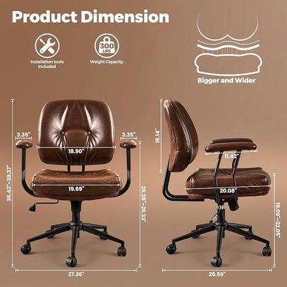 ovios Ergonomic Office Chair, Mid Back Faux Leather Executive Chairs with Thick Cushion, Comfy Mid-Century Modern Swivel Rolling Computer Armchair (Dark Brown, PU Leather)