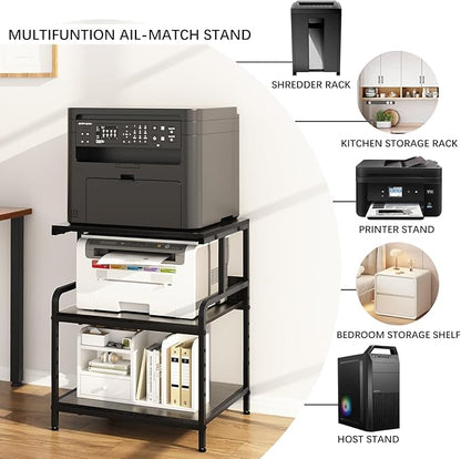 Arbuxzuy Large Printer Stand with Storage Shelf, 23.6" W x 18.9" D Printer Cart with Wheels, 3 Tier Mobile Printer Table for Home Office,Stands for Heat Press Scanner Fax (Black)