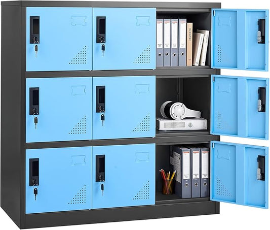 VEVOR 9 Doors Metal Locker for Employees, Steel Locking Storage Cabinet with Card Slot and Ventilation, 2 Keys for Each Door, Employee Lockers for Office, School, Gym, Home, Easy Assembly, Blue&Black