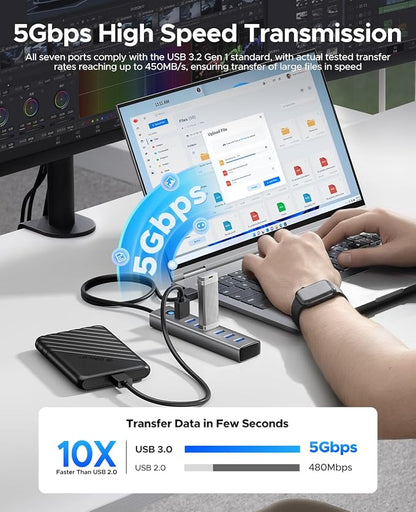 ORICO 7-Port USB 3.0 Hub, Aluminum USB Multiple Adapter, 5Gbps USB Extender USB Splitter with 3.28Ft Cable, UBS-A Hub Long Cable for Desktop, PC, Flash Drive, Mobile HDD, Windows/XPS