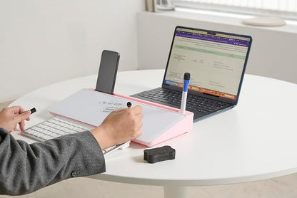 GAROOD Desktop Dry Erase Board with Storage (Pink Base) Desk White Board Desk Board Glass Desktop White Board with Stand Home Office Organizer Phone Holder 15.8X7X2 inches