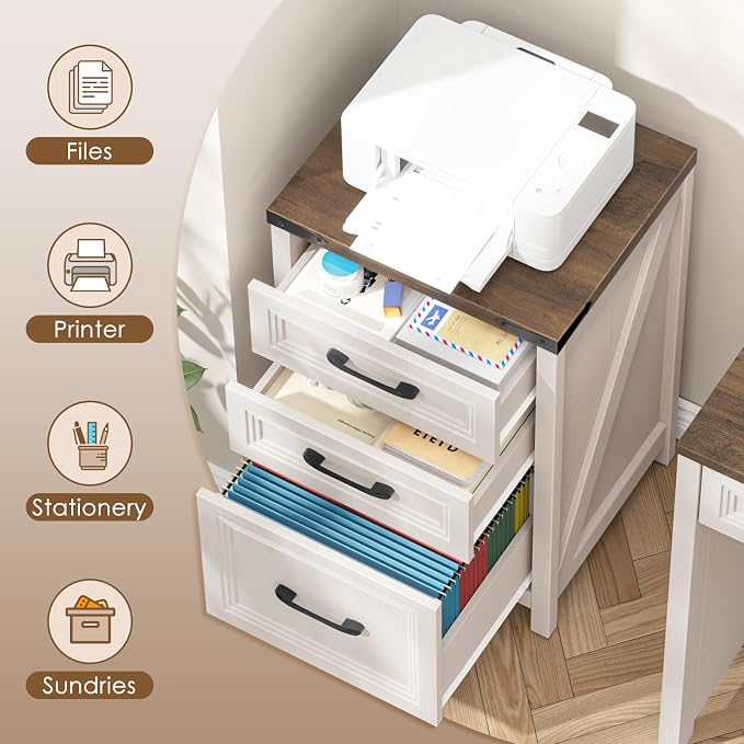 Vabches 3 Drawer Vertical File Cabinet, Wood Farmhouse Filing Cabinet Fits A4/Letter Size, Under Desk Small File Cabinets Printer Stand with Storage for Home Office, White and Brown