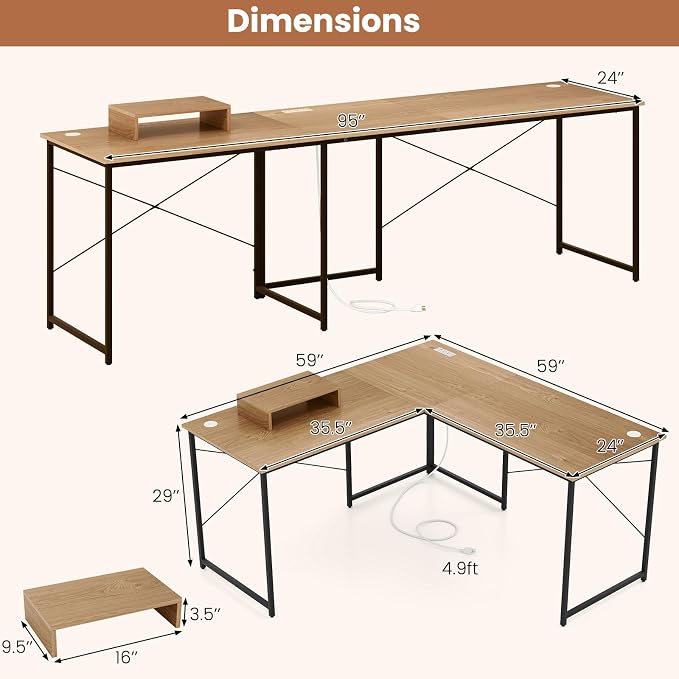 Tangkula L-Shaped Computer Desk with Power Outlets, 95” Long 2-Person Desk with Monitor Shelf, Modern Corner Desk Gaming Table with USB Ports for Home Office