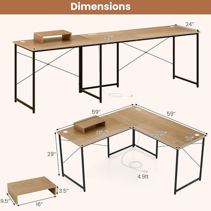 Tangkula L-Shaped Computer Desk with Power Outlets, 95” Long 2-Person Desk with Monitor Shelf, Modern Corner Desk Gaming Table with USB Ports for Home Office