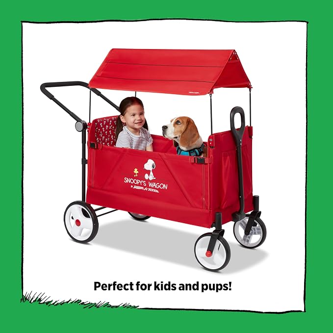 Radio Flyer Snoopy Folding Wagon for Kids & Pets, for Kids 1+, UV Doghouse Canopy, One-Hand Flat Fold, Seats 2 or Pеts, DuraClean Fabric, Rubber Tires, 120 lb Capacity, Wagon for Kids & Pets