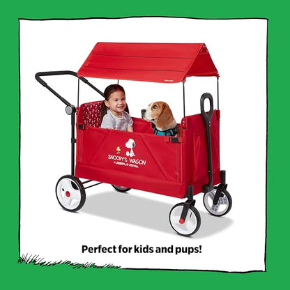 Radio Flyer Snoopy Folding Wagon for Kids & Pets, for Kids 1+, UV Doghouse Canopy, One-Hand Flat Fold, Seats 2 or Pеts, DuraClean Fabric, Rubber Tires, 120 lb Capacity, Wagon for Kids & Pets