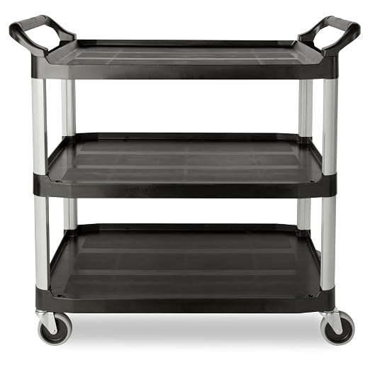 Rubbermaid Commercial Products Heavy Duty 3-Shelf Rolling Service/Utility/Push Cart, 300 lbs. Capacity, Black, for Restaurant/Cleaning/Office use (FG409100BLA)