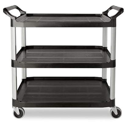 Rubbermaid Commercial Products Heavy Duty 3-Shelf Rolling Service/Utility/Push Cart, 300 lbs. Capacity, Black, for Restaurant/Cleaning/Office use (FG409100BLA)