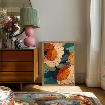 Framed Abstract Floral Wall Art, Boho Vintage Flower Pictures Wall Decor, Mid Century Modern Botanical Paintings Canvas Prints for Living Room Bedroom Office 12x16 inch