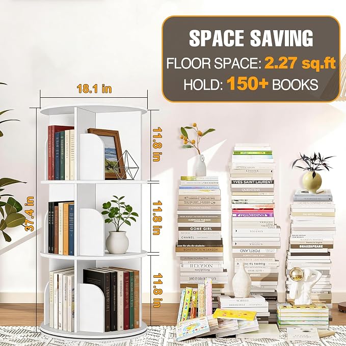 RUNSUNSPRI 3 Tier Rotating Bookshelf Tower Spinning Bookshelf Revolving 360°Bookcase Storage Round Carousel Vertical Rotate Turning Spiral Corner Organizer Lazy Susan White