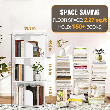 RUNSUNSPRI 3 Tier Rotating Bookshelf Tower Spinning Bookshelf Revolving 360°Bookcase Storage Round Carousel Vertical Rotate Turning Spiral Corner Organizer Lazy Susan White