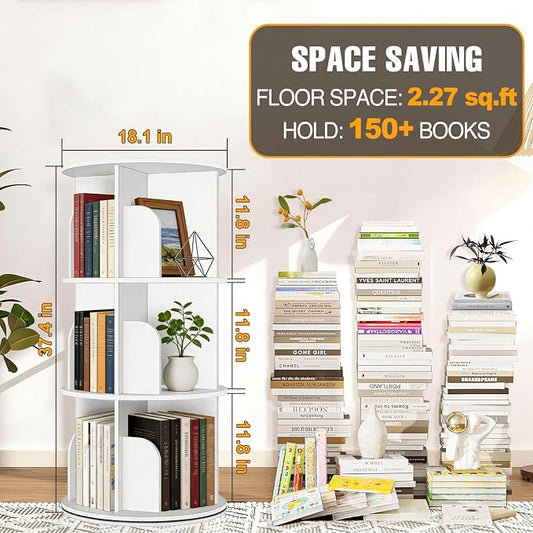 RUNSUNSPRI 3 Tier Rotating Bookshelf Tower Spinning Bookshelf Revolving 360°Bookcase Storage Round Carousel Vertical Rotate Turning Spiral Corner Organizer Lazy Susan White