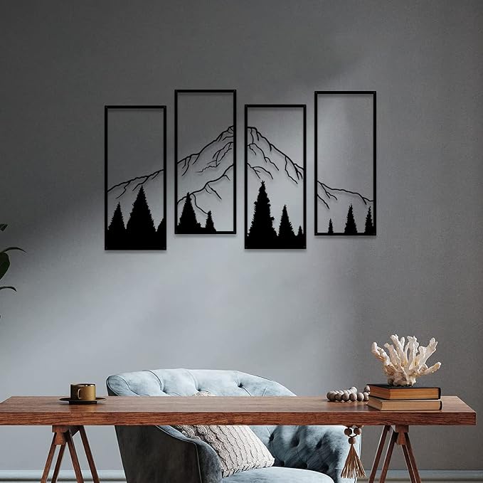 ruelen 4 Pcs Metal Mountain and Forest Wall Decorations, Minimalist Line Drawing Masculine Mountain Wall Art, Rustic Nature Hanging Wall Sculpture for Men Bedroom, Man Cave, Bachelor Pad, Office & Living Room Home Decor