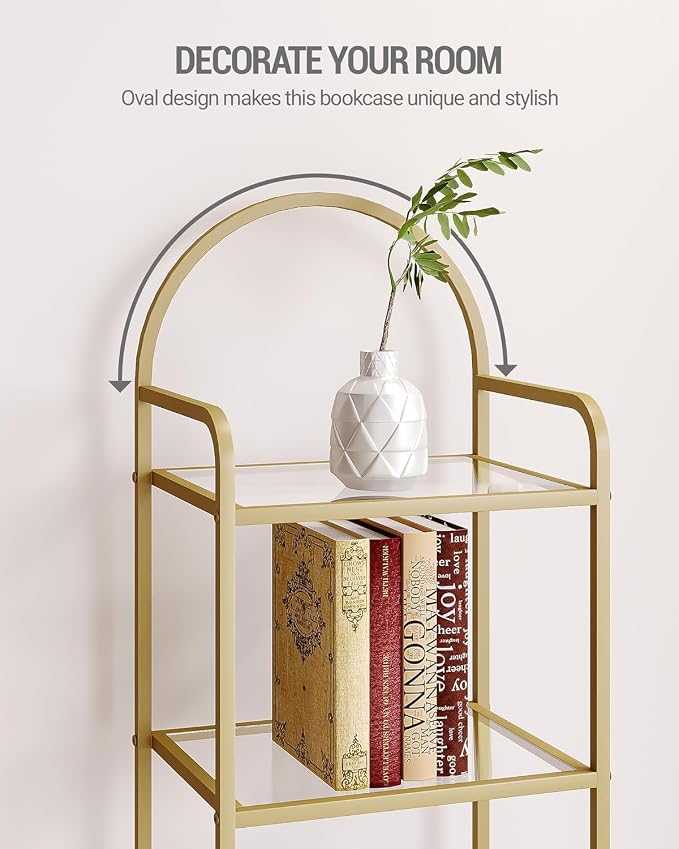 Hzuaneri Bookcase Bookshelf, Tempered Glass Bookshelves, Slim Shelving Unit for Bedroom, Bathroom, Home Office, Steel Frame, 5 Tier Gold BC05001G