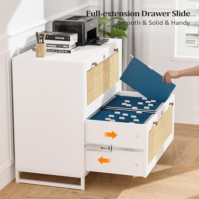 VINGLI White & Natural Rattan 2 Drawer Lateral File Cabinet with Lock, Wood Locking File Cabinets for Home Office, File Cabinet Printer Stand for Hanging Letter/Legal Size Folders, 30W x 16D x 28H
