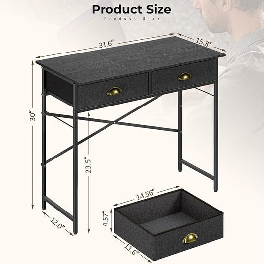 DAOUTIME Black Writing Desk for Kids Bedroom, 31.5 Inch Small Computer Desk for Small Spaces, Simple Desk with 2 Fabric Drawers for Home Office, Dorm, Living Room, Home Study Table, Black