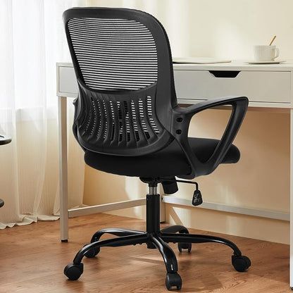 OLIXIS Home Office Chair, Mid Back Computer Ergonomic Mesh Desk with Large Seat, Executive Height Adjustable Swivel Task with Lumbar Support and Armrest, for Adults, Black