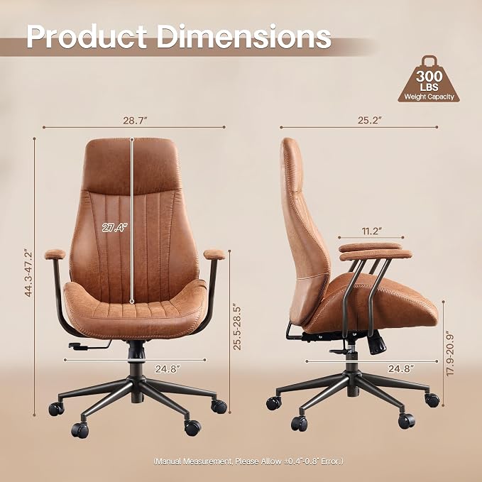 HOOOWOOO Faux Suede Leather Home Office Desk Chair,MCM Modern Ergonomic Task Work Chair,Computer Gaming Chair with Cushion Seat Lumbar Support Reclining High Back for Long Hours(Brown)