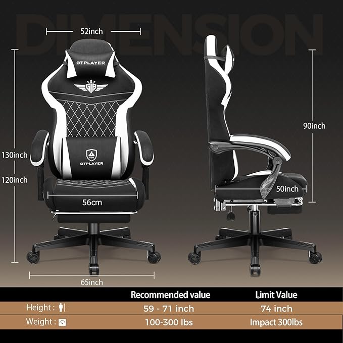 GTPLAYER Gaming Chair with Footrest, Big and Tall Game Chair High Back Computer Office Chair with Lumbar Support for Adults, Ergonomic Swivel Games Chair with Cushion Gaming, Fabric Black