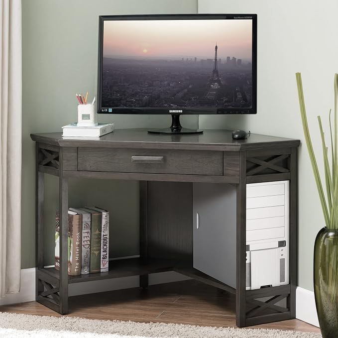 Leick Home 84430 Oak Corner Computer/Writing Desk with Drawer, Smoke Gray
