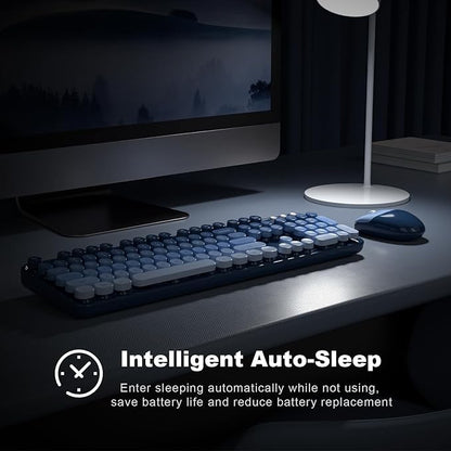 Wireless Keyboard and Mouse Combo, 2.4GHz Gradient Colorful Full-Size Retro Typewriter Keyboard with Wireless Mouse for PC/Desktop/Laptop/Windows (Azure Blue)