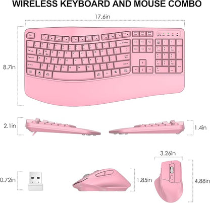 Wireless Keyboard and Mouse Combo, 2.4G Full Size Wave Keys Ergonomic Keyboard with Wrist Rest and 3-Level DPI Adjustable Wireless Ergonomic Mouse for Windows, Mac OS Desktop/Laptop/PC(Pink)
