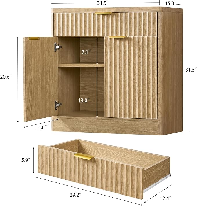 TEENFON 63" Fluted Buffet Sideboard Cabinet with Storage, Buffet Table Coffee Bar Wine Bar Storage Cabinet with Adjustable Shelf for Living Room, Kitchen, Natural