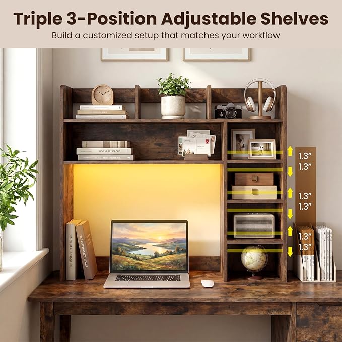 LDAILY Desktop Bookshelf with LED Lights, 35.5’’ Wooden Desk Shelf with 8 Cubes & 3 Adjustable Storage Shelves, 5-Tier Desk Hutch for Dorm College Office Computer Monitor Up to 25’’(Rustic Brown)