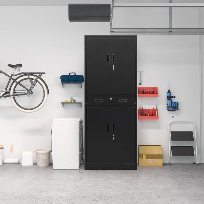 CMY Metal Storage Cabinet, 71" H x 28" W x 16" D Locking Storage Cabinet with Adjustable Shelves and One Drawer, Steel Cabinets for Office, Garage, Home, School, Utility Room(Black)