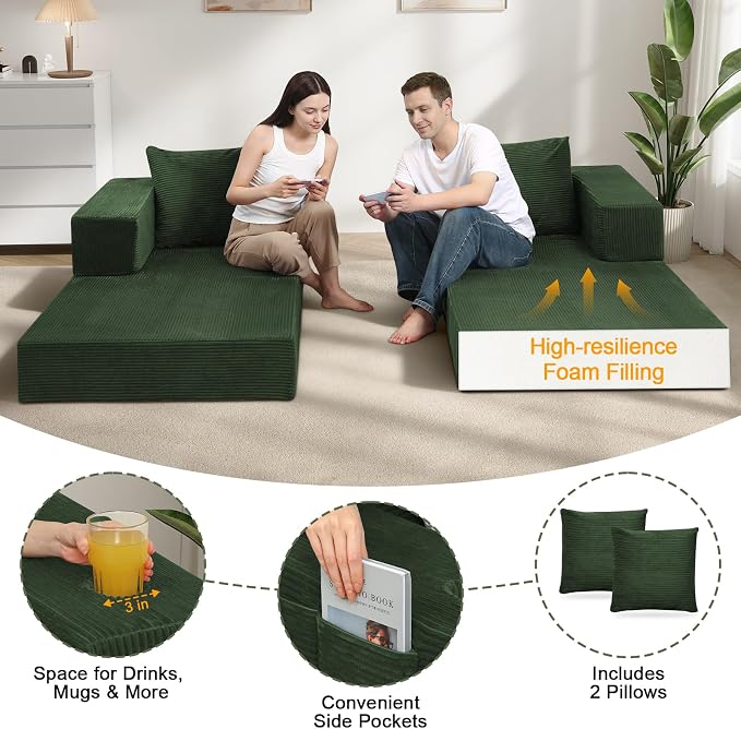 COMAX Queen Size Boneless Couch, 79" Futon Sofa Bed Couches for Living Room, 4 in 1 Convertible Sleeper Sofa Corduroy Couch Bed Foam in a Box, Foldable Cloud Couch Floor Mattress, Green