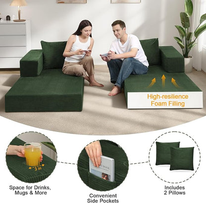 COMAX Queen Size Boneless Couch, 79" Futon Sofa Bed Couches for Living Room, 4 in 1 Convertible Sleeper Sofa Corduroy Couch Bed Foam in a Box, Foldable Cloud Couch Floor Mattress, Green