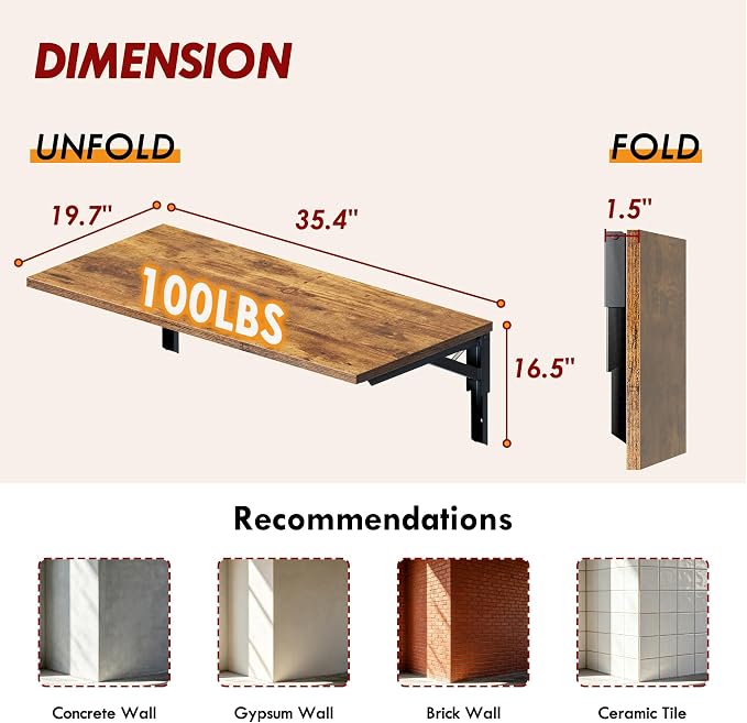 Need Wall Mounted Desk - Heavy Duty Folding Work Table Length 36" Width 20"/Small Space Hanging Desk Perfect Addition to Home/Office/Kitchen & Dining Room Rustic Brown AC15-9050FG-ND