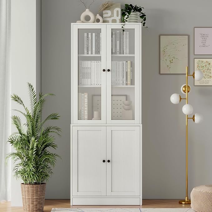 TUSY 71'' Bookshelf with Doors - 5 Tier Freestanding Tall Bookcase, Modern Storage Cabinet for Home Office, Curio Cabinets with Glass Door for Living Room(1, White)