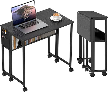 HOMCOM Small Folding Desk, Rolling Computer Desk Foldable with Storage Bag and Shelf, 31.5" Portable Writing Table on Wheels for Small Spaces, Home Office, Study, Easy Assembly, Black