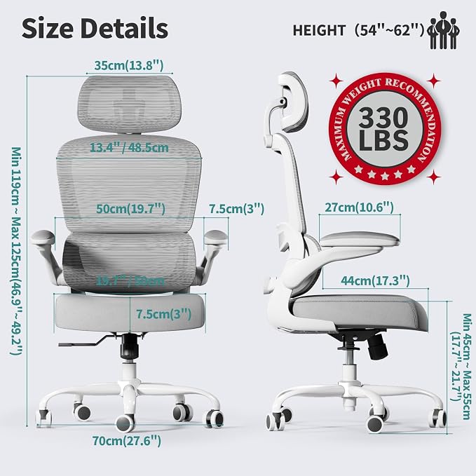 TRALT Office Chair Ergonomic Desk Chair, 330 LBS Home Mesh Office Desk Chairs with Wheels, Comfortable Gaming Chairs (Light Grey)