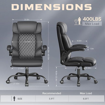Office Chair-Executive High Back Breathable Big and Tall Office Chair Flip-up Armrests Lumbar Support-Ergonomic Leather Rolling Swivel Chair with Rock Function for Working Studying Gaming,Black